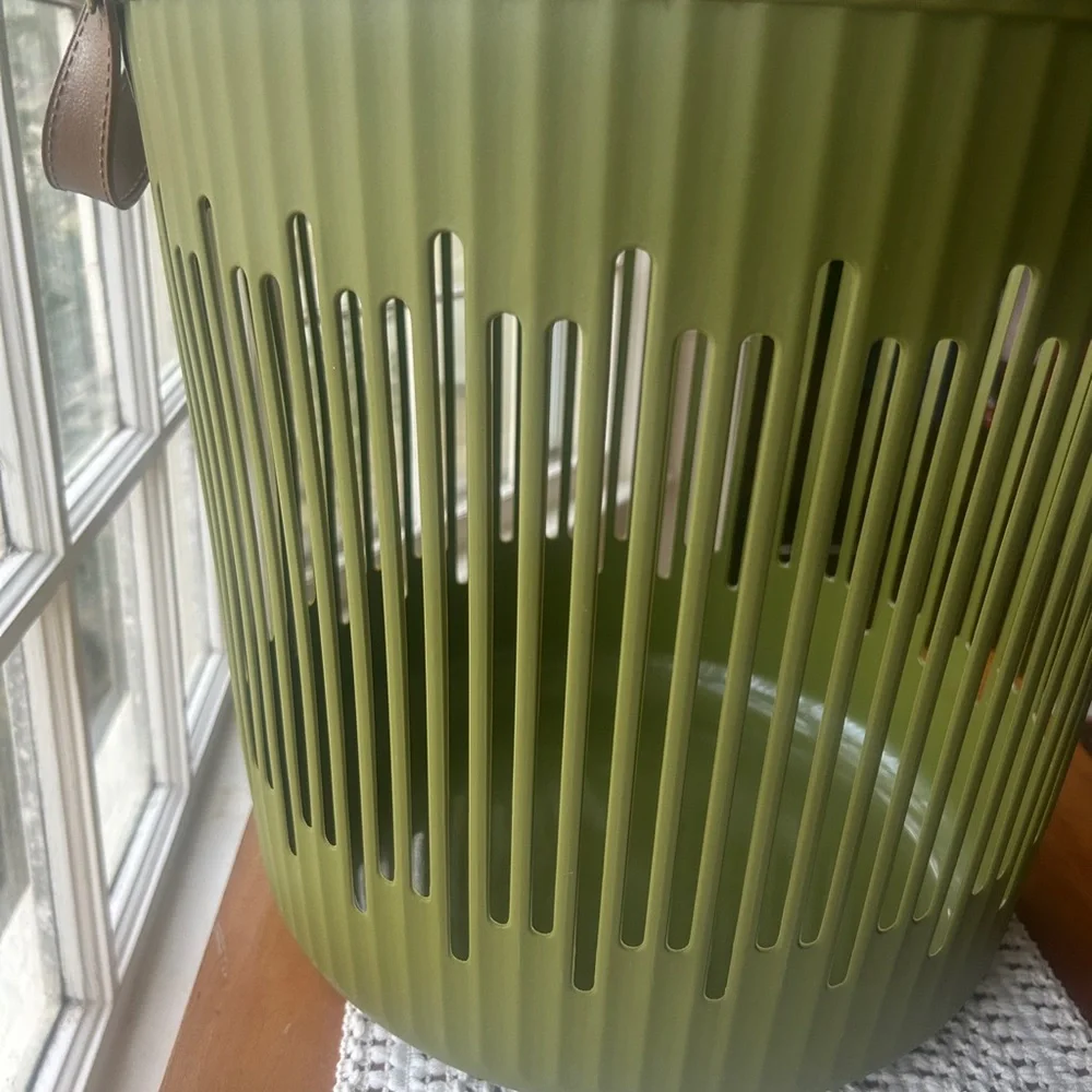 Viral JAPANDI Round Olive Green Storage Basket Leather Handles NEW